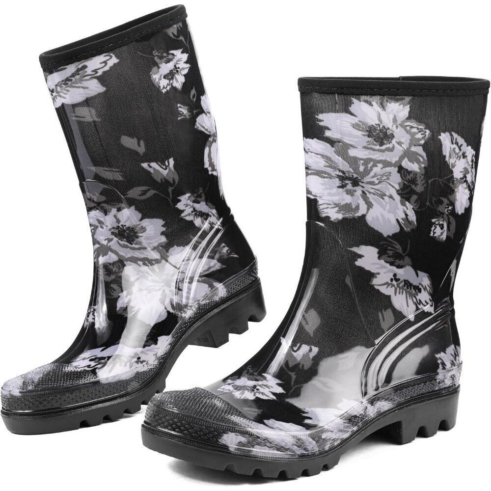 Women's White Flower Lightweight Rubber Fashion Wide Calf Waterproof Rain Boots